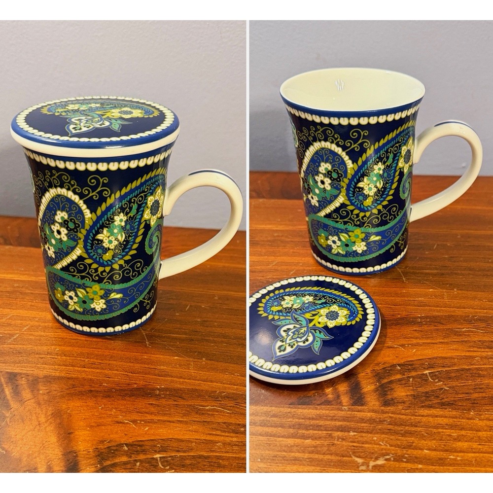 Vera Bradley Rhythm & Blues Blue/Green Paisley Ceramic Coffee/Tea Mug & Lid 11oz
